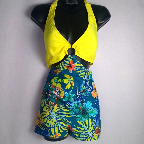 Other - Yellow Tropical Print Halter Top Side Cut Out Full Shorts One-Piece Swimsuit-XL